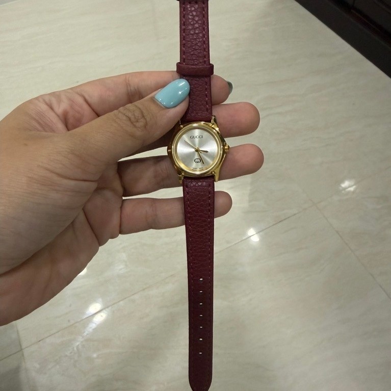 Jam Tangan Wanita Analog Leather Strap Merah Maroon Case Gold Tone