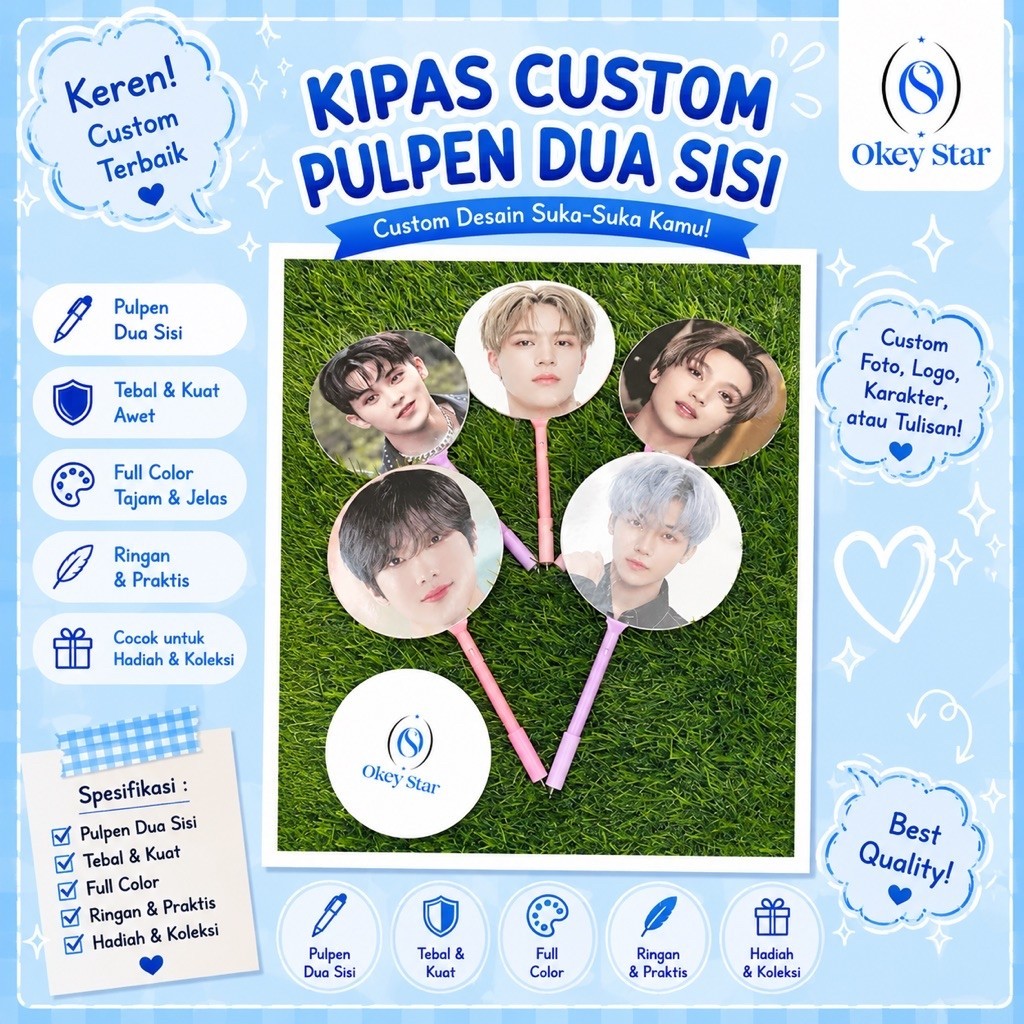 Kipas pulpen custom 2 sisi bebas cutom poto ucapan ultah, wedding, souvenir dll