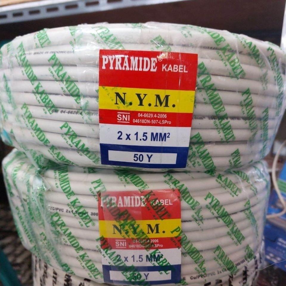 KABEL LISTRIK MERK PYRAMIDE TUNGGAL NYM / KAWAT 2X1.5  PANJANG 50 YARD FULL