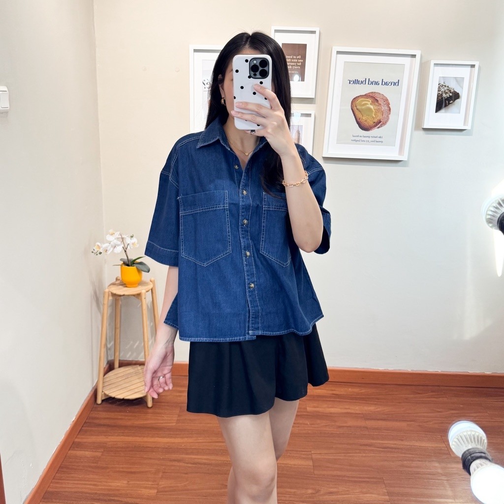 Atasan baju kemeja denim wanita blouse kemeja denim boxy wanita premium - Boxy Denim Shirt NWclothin