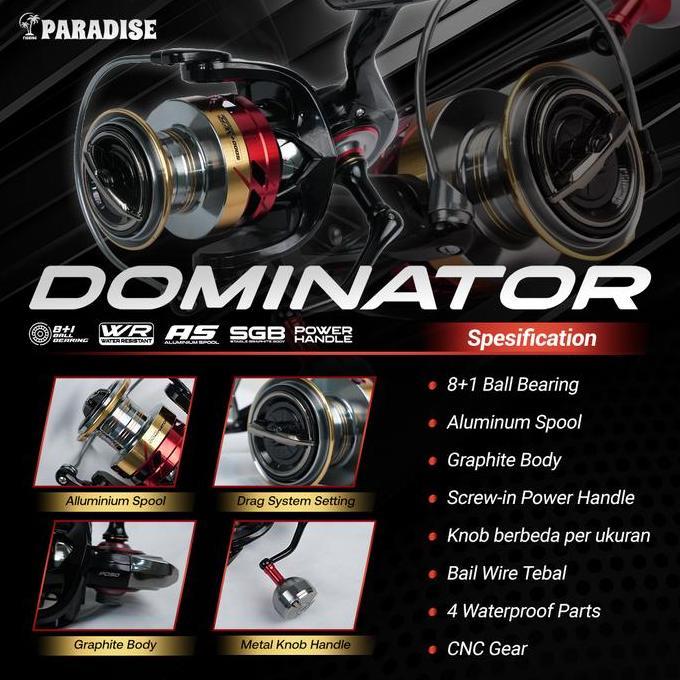 NEW Reel Pancing Paradise Dominator Knob Metal Kuat 8+1 Bearing Stabil Graphite Body + Spool Alumini