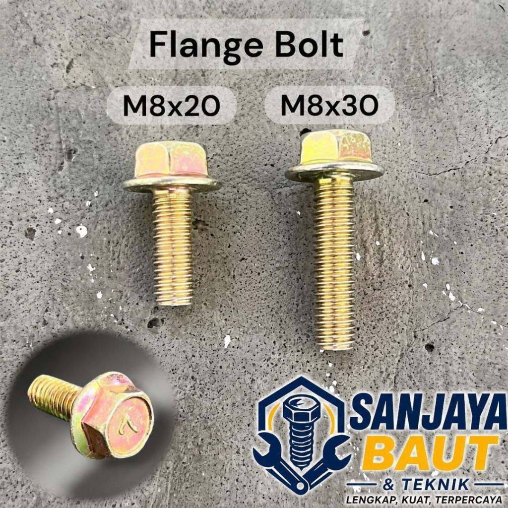 Baut Flange M8 Kunci 12 Flange Bolt Baja Baut Footstep Baut Topi Kuning M8 x 20 M8 x 30