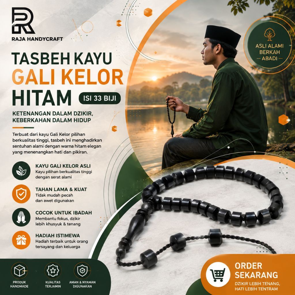 RAJA HANDYCRAFT | Tasbeh kayu gali kelor hitam kayu hitam isi 33 biji