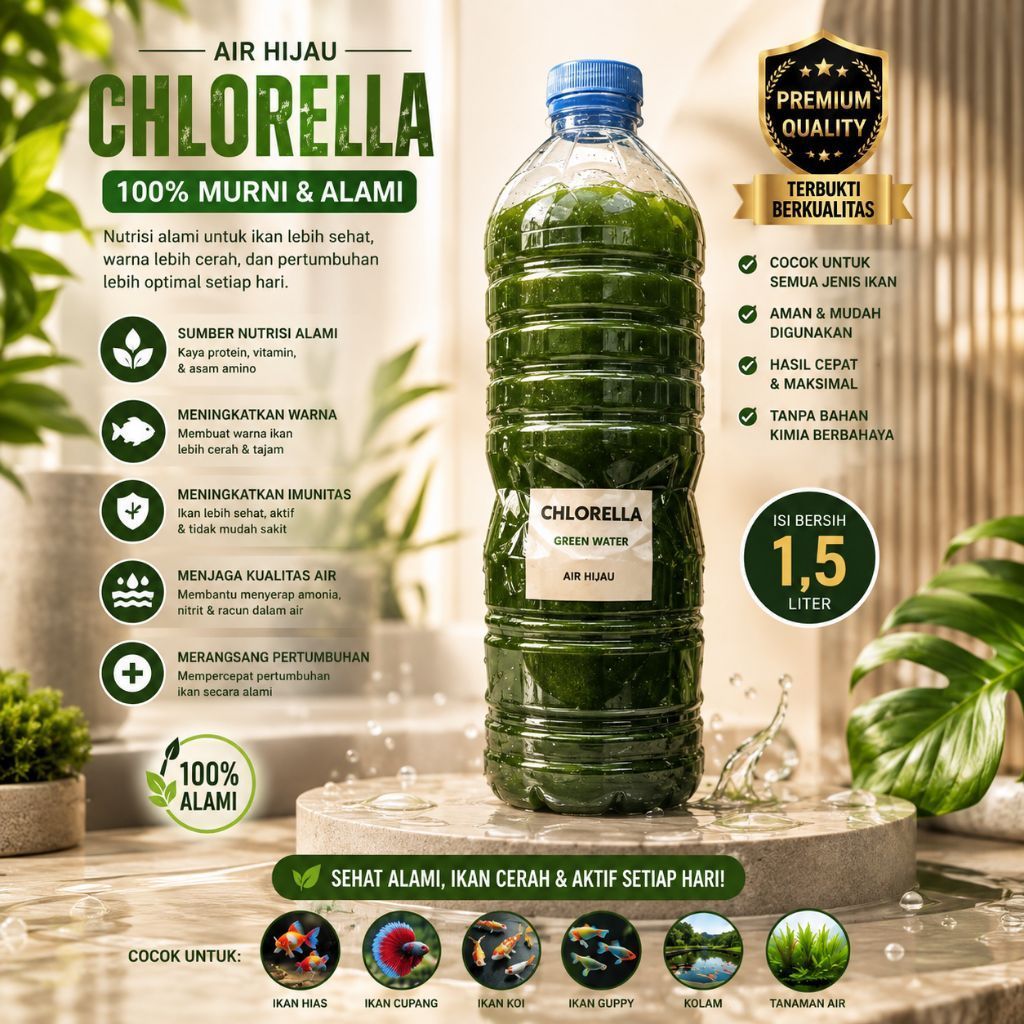 Chlorella 1,5 Liter premium / Green Water Chlorella/ Air Hijau Chlorella Murah untuk pakan kuti air 