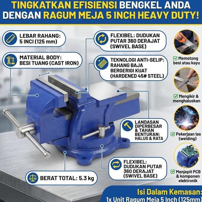 THUNDEX Ragum Meja 5 Inch 125mm Catok Paron Bench Vise Heavy Duty Swivel Base Putar 360 Derajat Alat