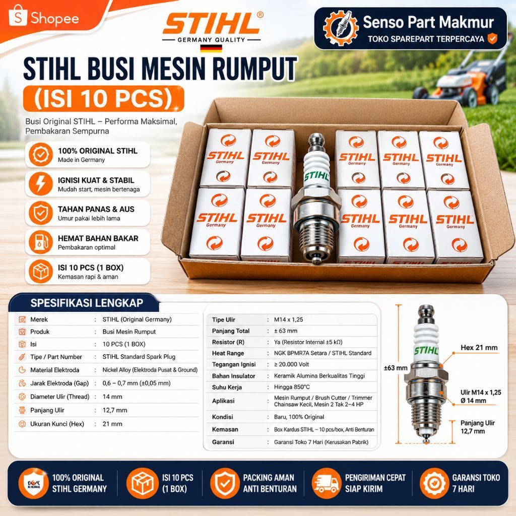 PROMO MURAH BUSI STIHL (10 PCS) WSR6F ORIGINAL MESIN SENSO , POTONG RUMPUT STIHL ORIGINAL