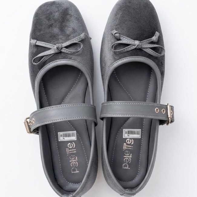 Flat Shoes Import with Buckle Bludru Velvet Abu Abu Grey size 39