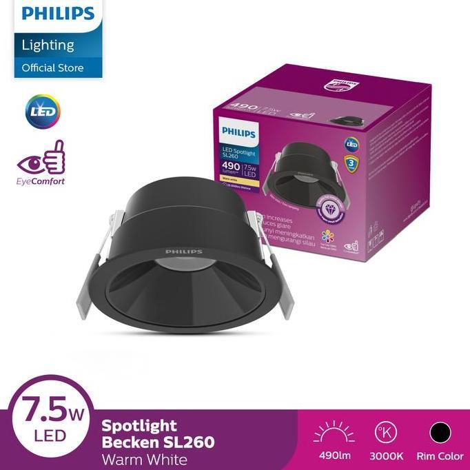 PHILIPS LAMPU SPOTLIGHT SL260 ROUND BLACK D75 7.5W 36 3000K KUNING