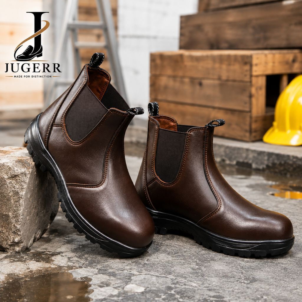 JUGERR Chelsea Boots Pria Kulit Premium Coklat – Sepatu Boots Kerja & Outdoor Sol Anti Slip