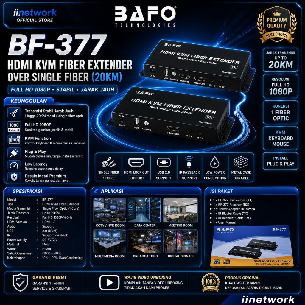 BAFO BF-377 HDMI KVM Fiber Extender Over Single Fiber 20KM Full HD 1080P USB KVM IR Support TX RX