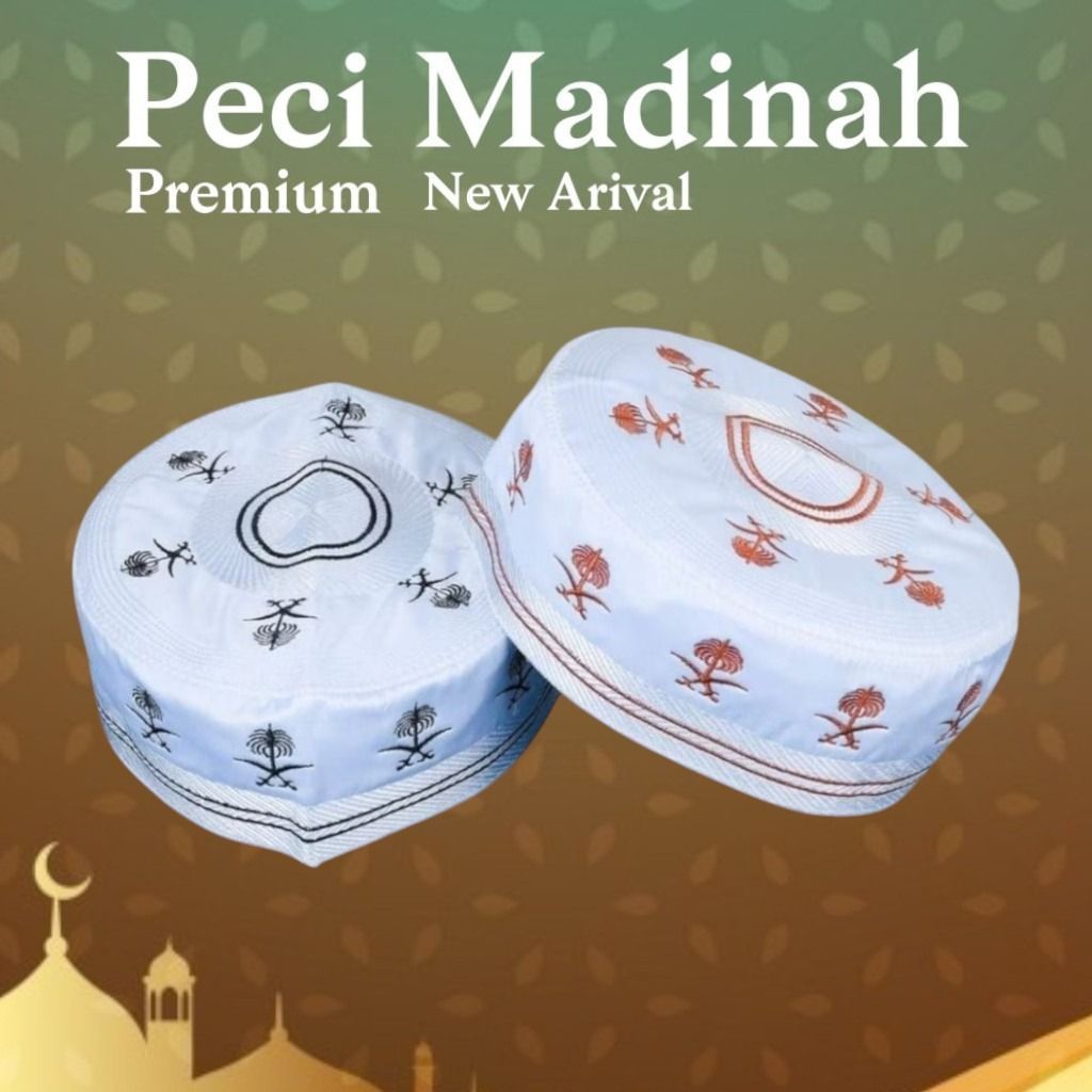 PECI MADINAH MOTIP KURMA PUTIH PECI HAJI DAN UMROH KOPIAH DEWASA MOTIP BORDIR MUSLIM PRENIUM