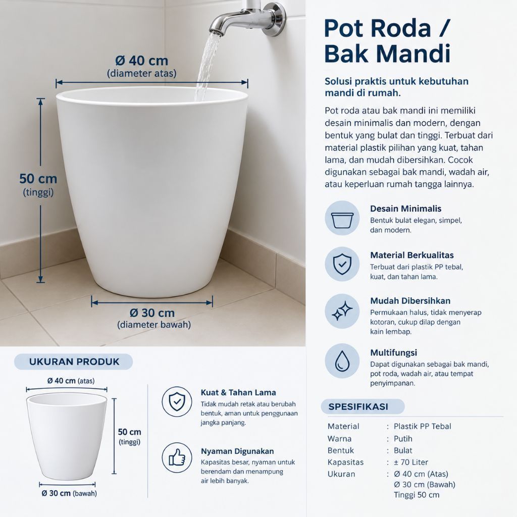Pot Roda Bak Mandi Plastik PP Putih 40 cm Atas 30 cm Bawah Tinggi 50 cm Multifungsi