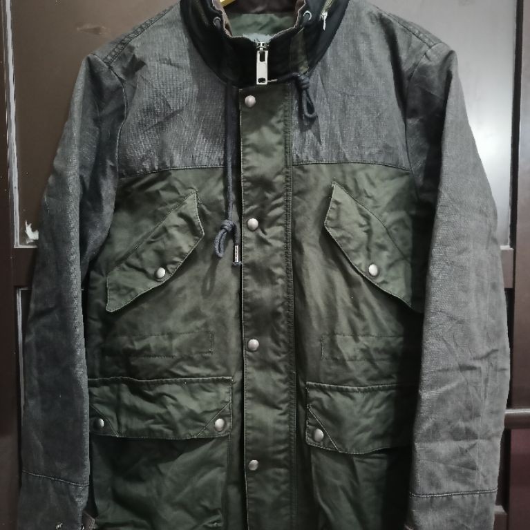 JAKET PARKA DUA WARNA HIJAU ARMY DAN ABU CHARCOAL BAHAN DETROIT DAN KANVAS MEREK H:CONNECT SIZE S