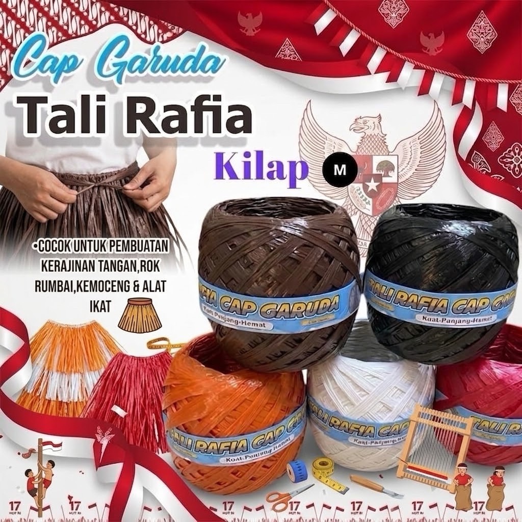 Tali Rafia Cap Garuda Warna kilap coklat,hitam,orange,putih,merah,hijau