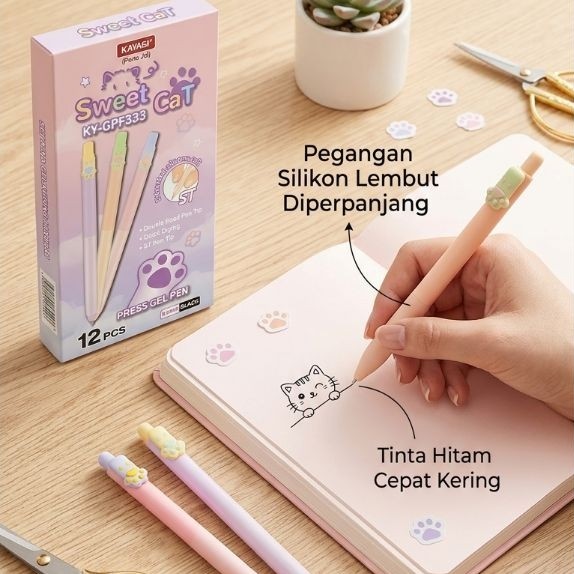 KAWAGI Sweet Cat KY-GPF333 Press Gel Pen 12 Pcs Pena Gel Tinta Hitam Cepat Kering