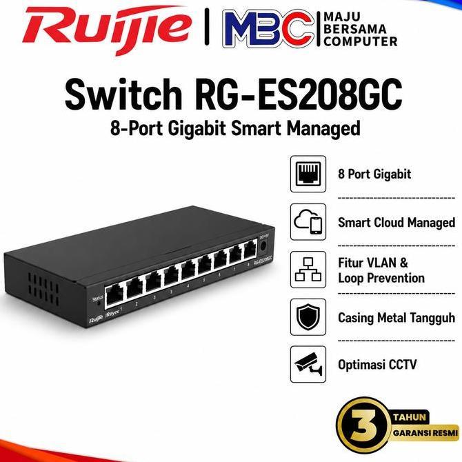 Switch 8 Port Ruijie RG-ES208GC Gigabit Smart Cloud Managed Non-PoE Switch Hub - 5 8 16 24 Port