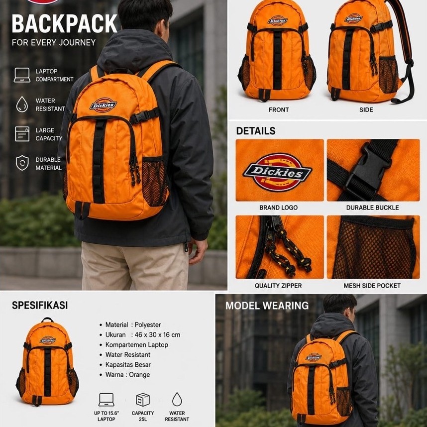 Preloved Tas Ransel Dickies Backpack untuk Setiap Perjalanan dengan Kompartemen Laptop Tahan Air 25L
