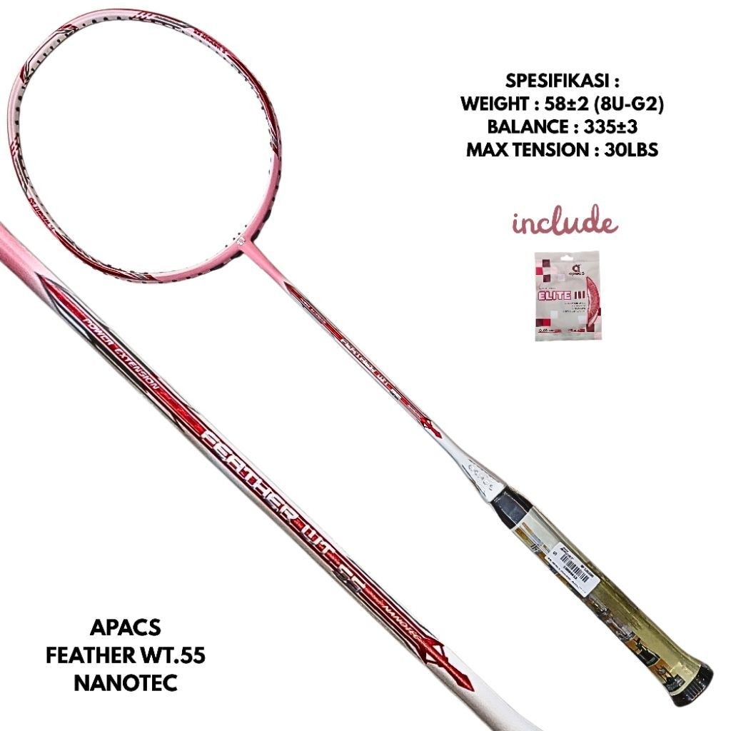 APACS Feather WT.55 Nanotec Raket Bulu Tangkis dengan Berat 58±2g & Keseimbangan 335±3mm Max Tension