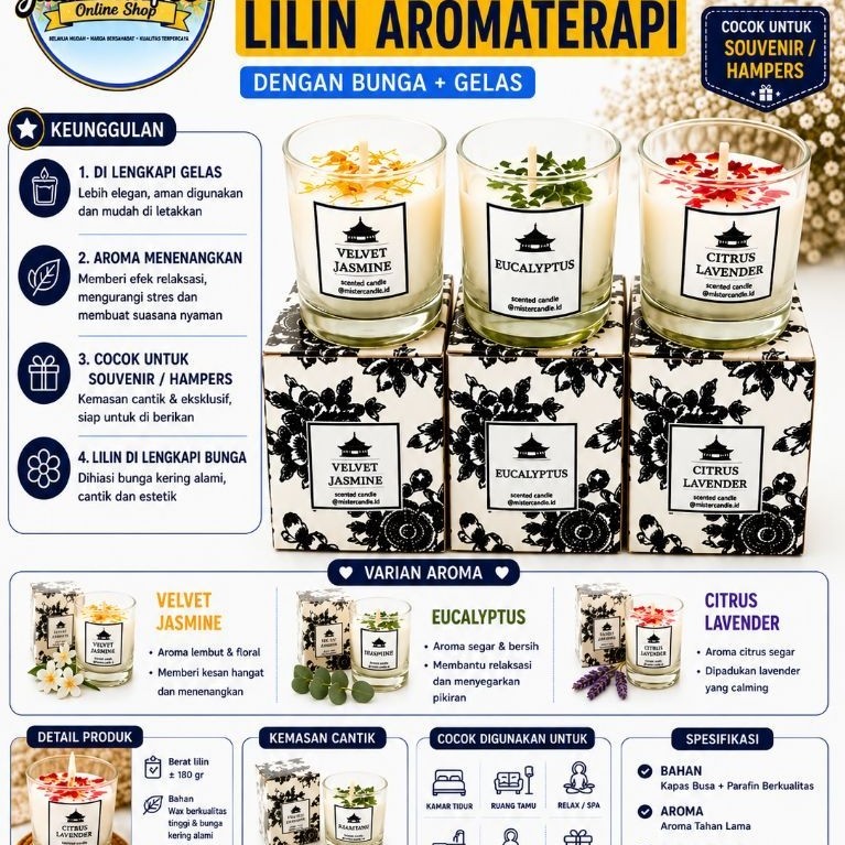 lilin aromaterapi + gelas kaca + flower