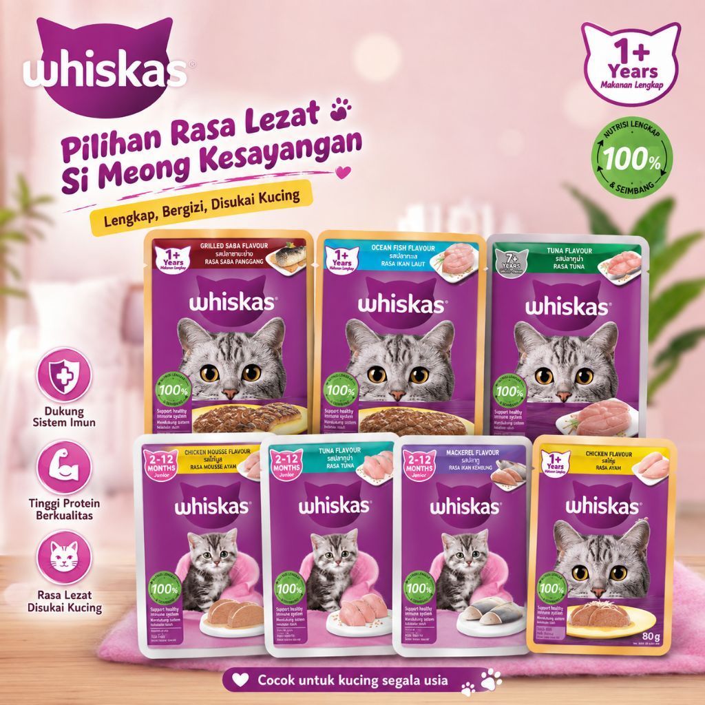 Whiskas Pouch 1 Box isi 12 Pcs Makanan Kucing Basah 1 Box