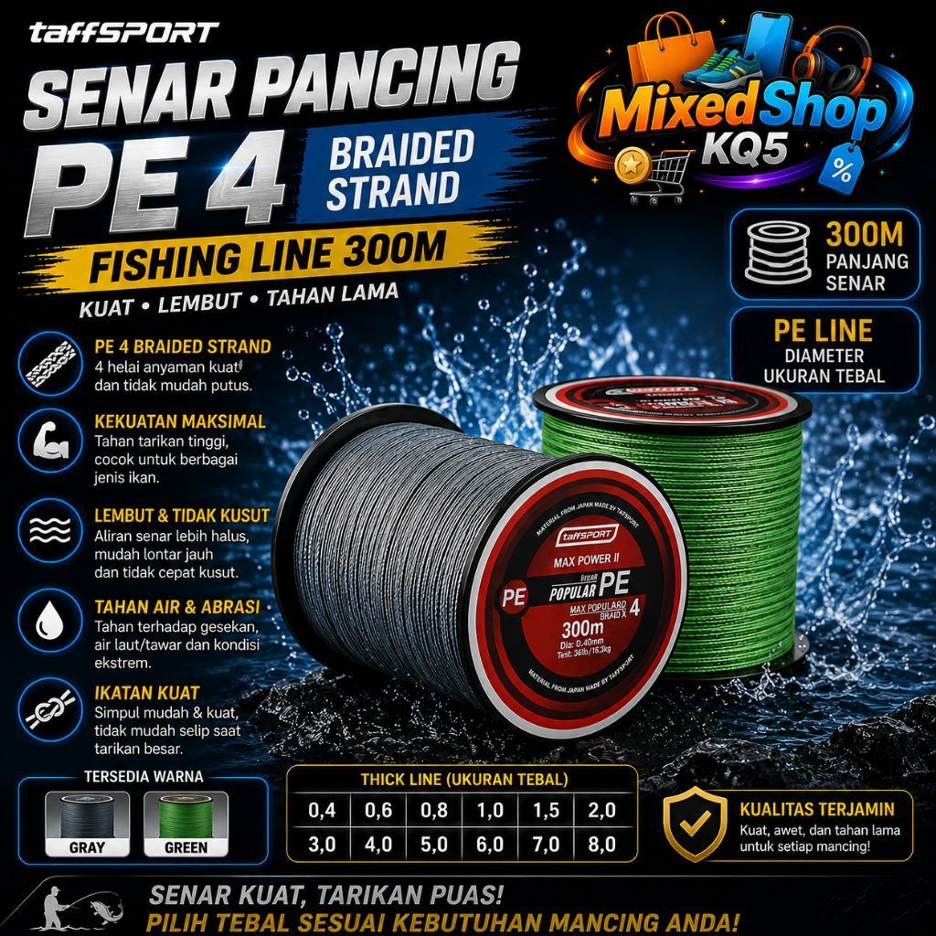 TAFFSPORT BENANG SENAR TALI PANCING PE FISHING BRAIDED THICK LANE || PE X4 300 METER || SENAR NILON 