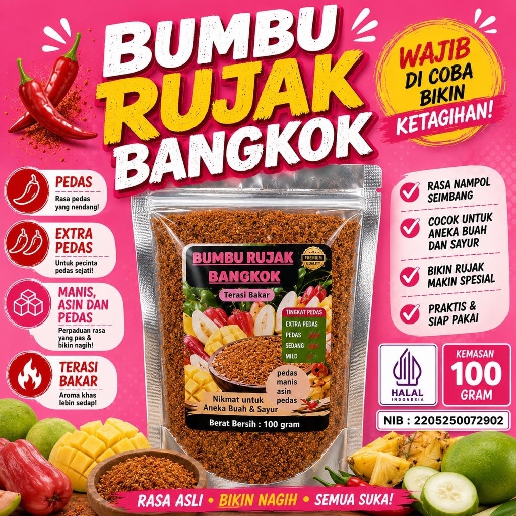 (bubuk halus) Bumbu Rujak Bangkok 100g Bumbu rujak tabur pedas- Rasa Terasi Bakar Pedas - 100gr