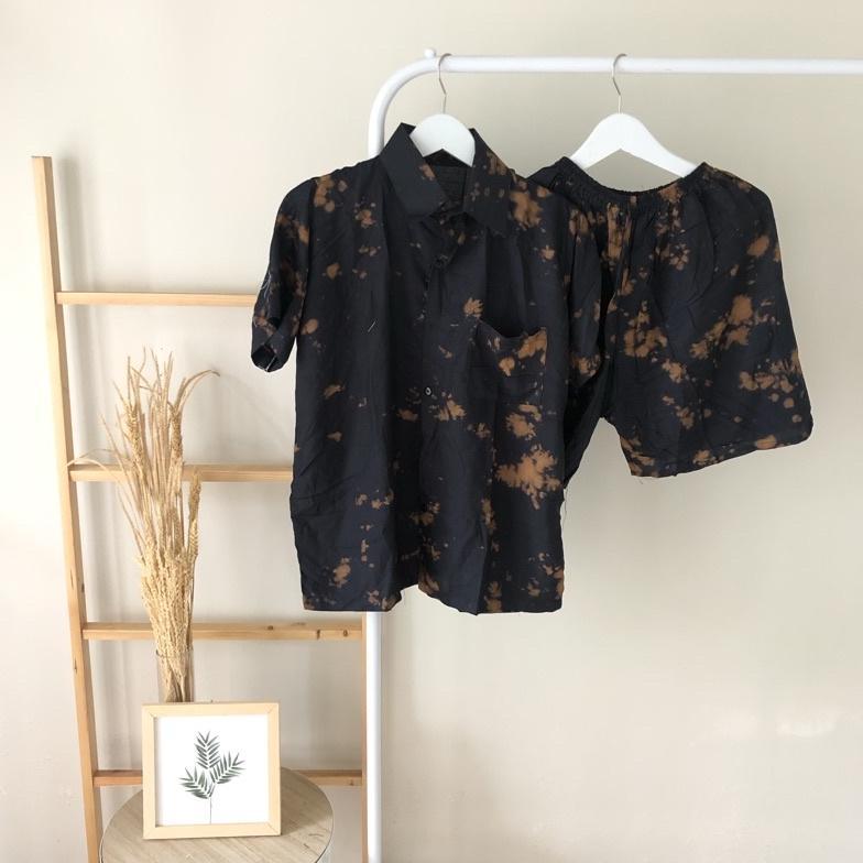 CUCI GUDANG One Set Setelan Atas Bawah Pendek Tie Dye Pria Wanita Full Kancing