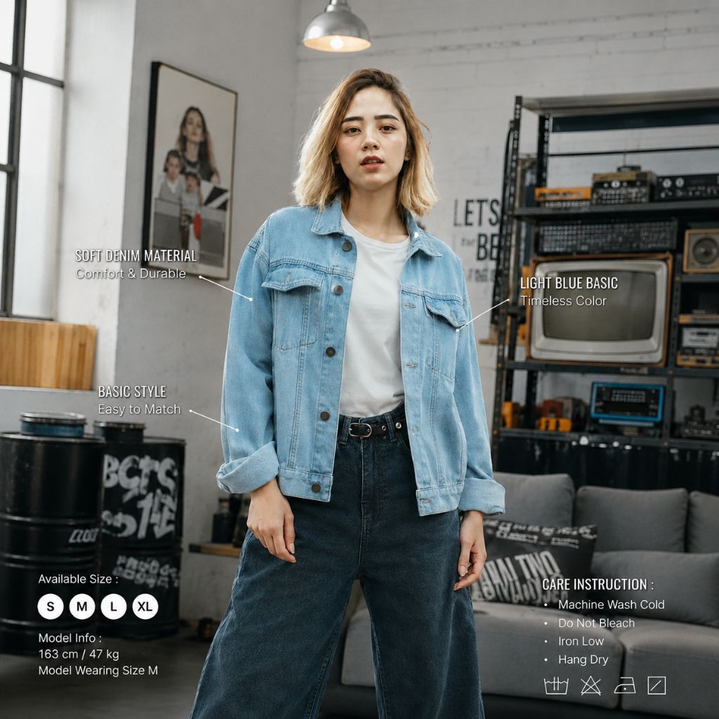 Jaket Jeans Oversized Biru Muda Basic Classic Blue