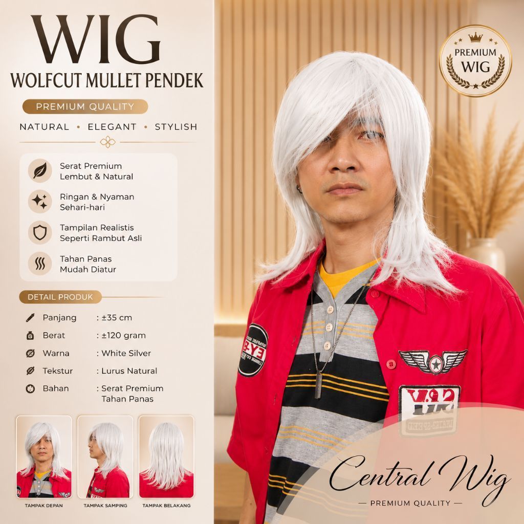 WIG MULLET RAMBUT PRIA MULLET WOLFCUT PENDEK PUTIH