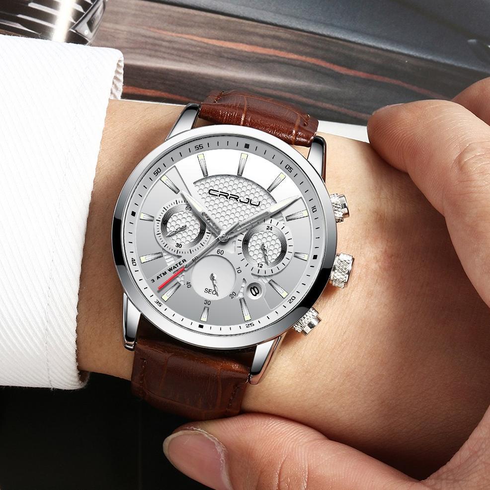 terbaru crrju leather quartz watch sport waterproof date chronograph jam tangan pria