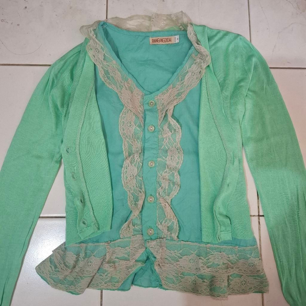 set fairy blouse inner cardigan outer teal mint ruffle laces morikei
