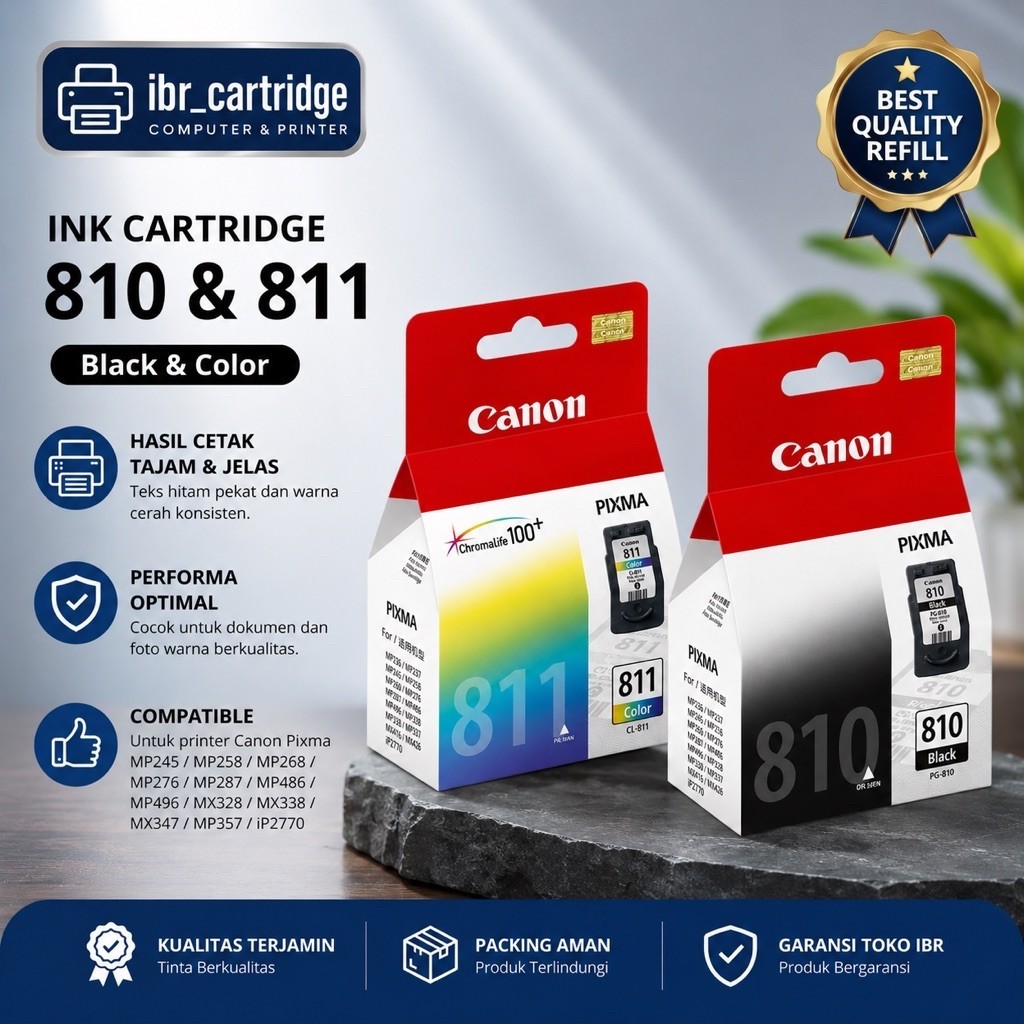 Canon Cartridge PG 810 CL 811 Tinta Printer Pixma IP2770, MP287,MP237 - Hitam warna Siap Pakai
