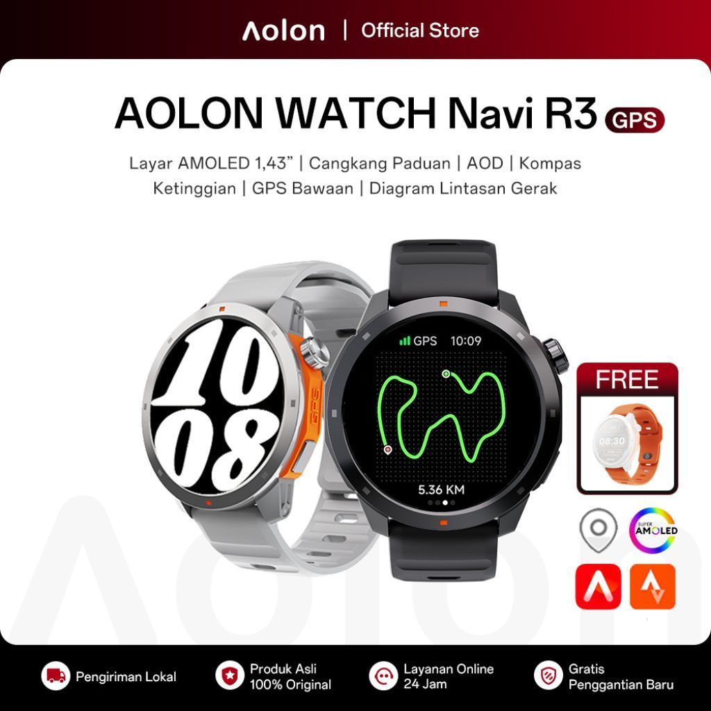 Aolon Watch Navi R3 GPS Smartwatch Layar AMOLED 1,43 Inch AOD Kompas Ketinggian