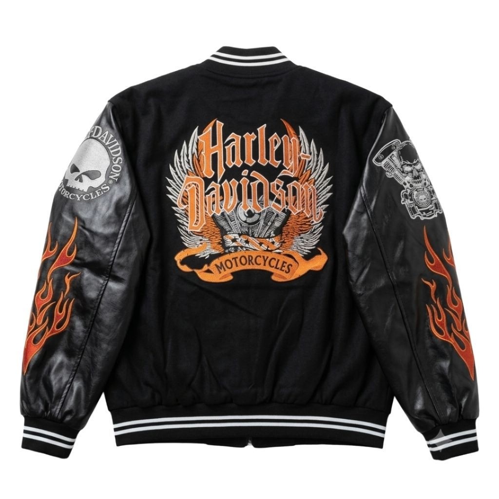 Jaket Varsity Harley-Davidson Hitam Flameskull Genuine