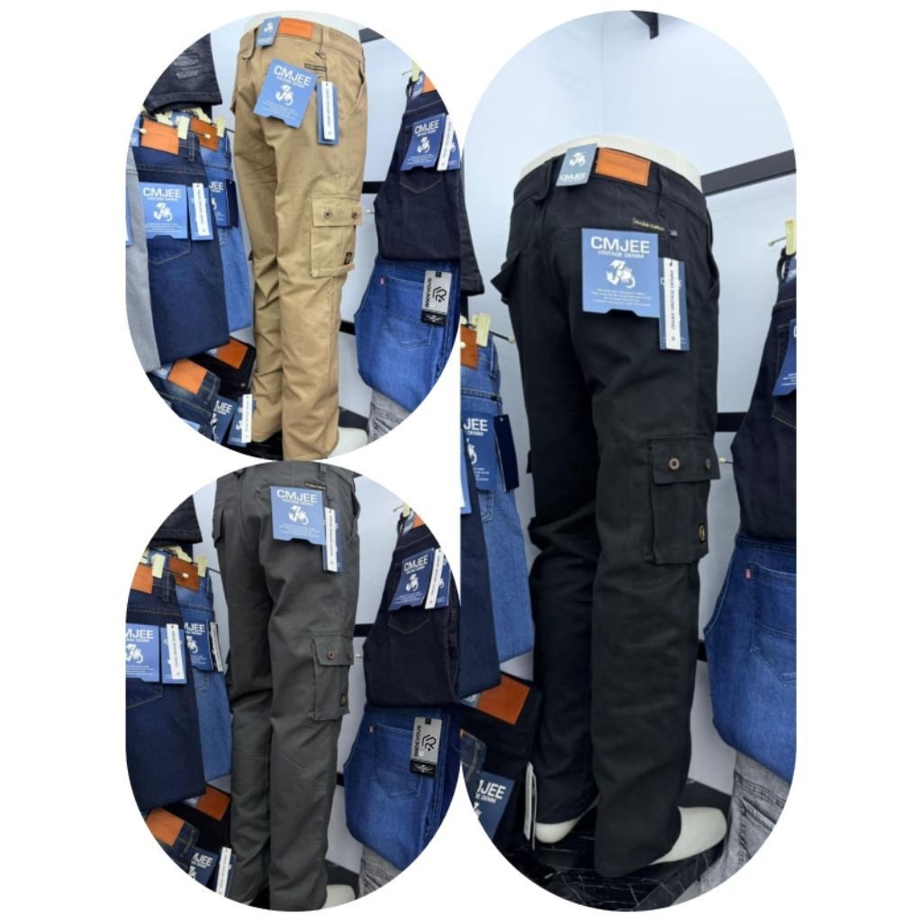 Celana Cargo Pria CMJEE Stretch Denim Model Longgar dengan Kantong Samping