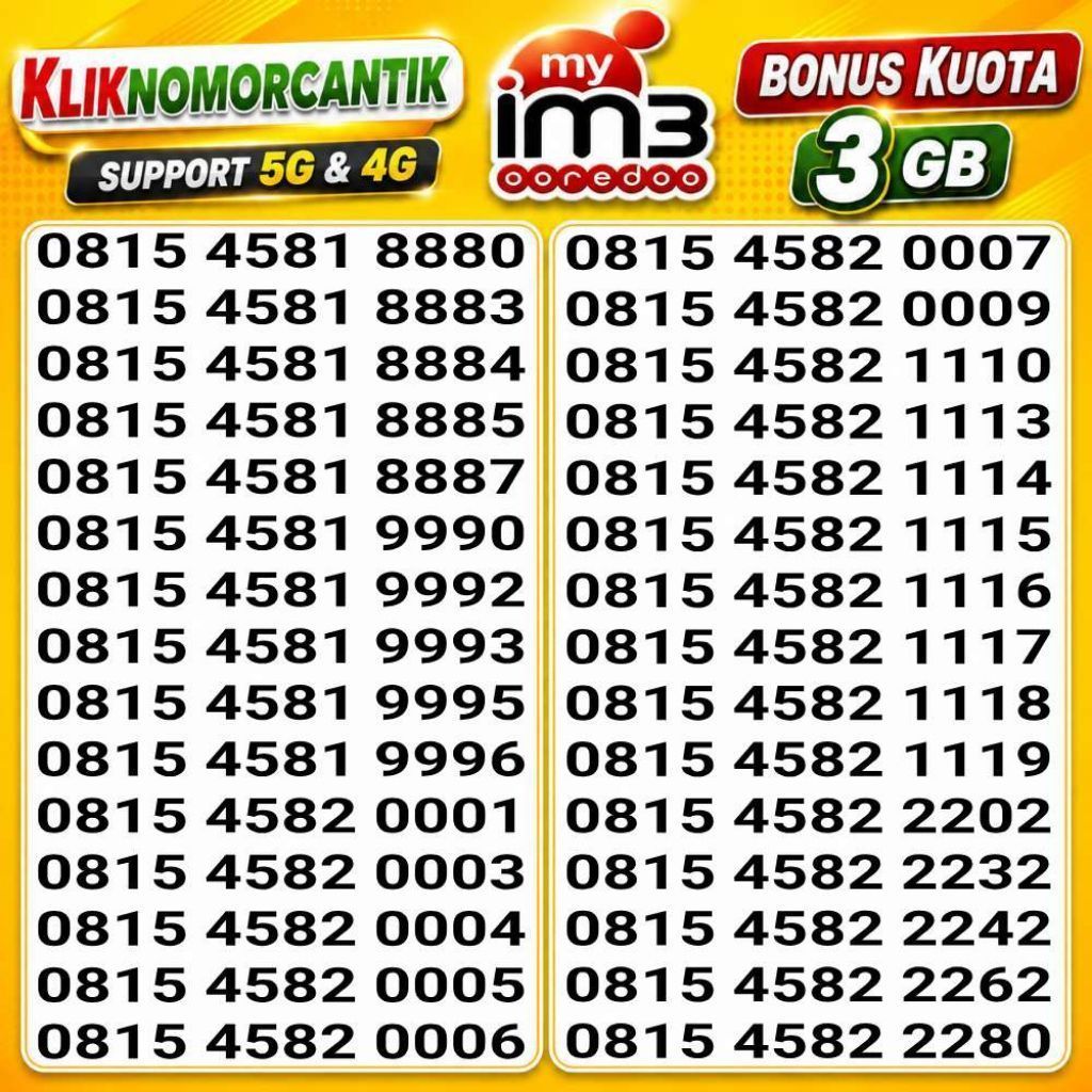 nomor cantik Indosat IM3 support 5G/4G prabayar Bonus kuota 3GB