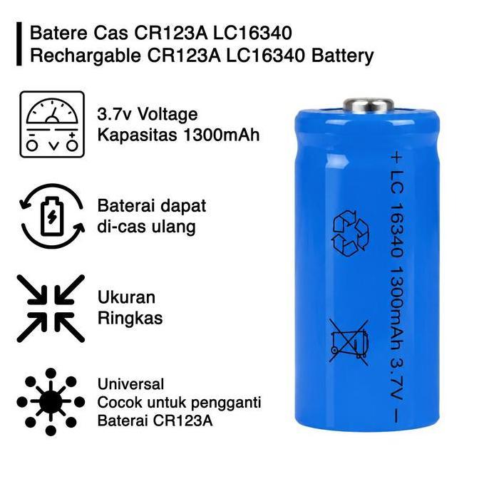 Myhome- Baterai Batere Batre Cas Charge 16340 Cr123A 3.7V Li Ion Laser 1300Mah Untuk Senter Batu Ele