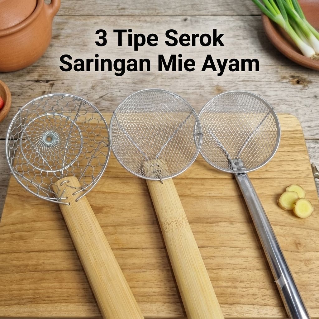 Serok Saringan Mie Ayam 3 Bahan Model dan Ukuran Gagang Bambu Gagang Stenlis Kawat Anyam