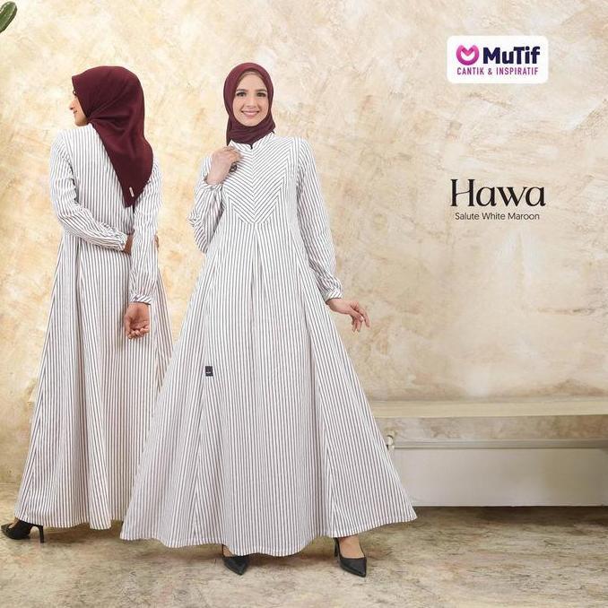 MUTIF Pasangan Couple Dewasa Adam Hawa Maroon Koko Tangan Pendek Gamis Stripe Garis Merah Putih (TER
