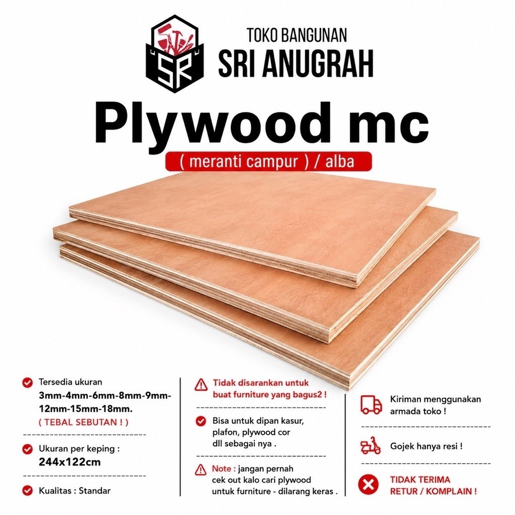Plywood Triplek Multiplek MC Meranti Campur 3mm 4mm 6mm 8mm 12mm 15mm 18mm