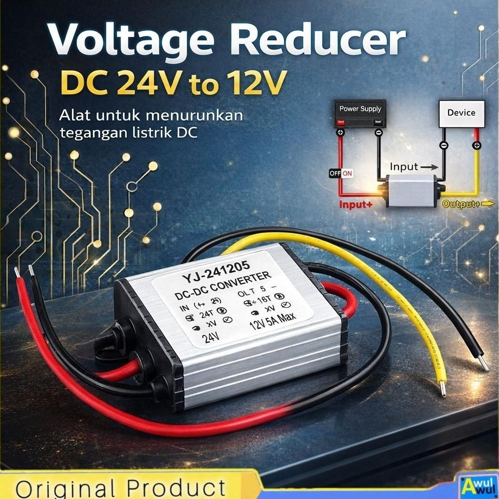 Voltage Reducer Step Down DC 24V to 12V Alat Penurun Tegangan Arus Listrik DC Adaptor Converter Tran