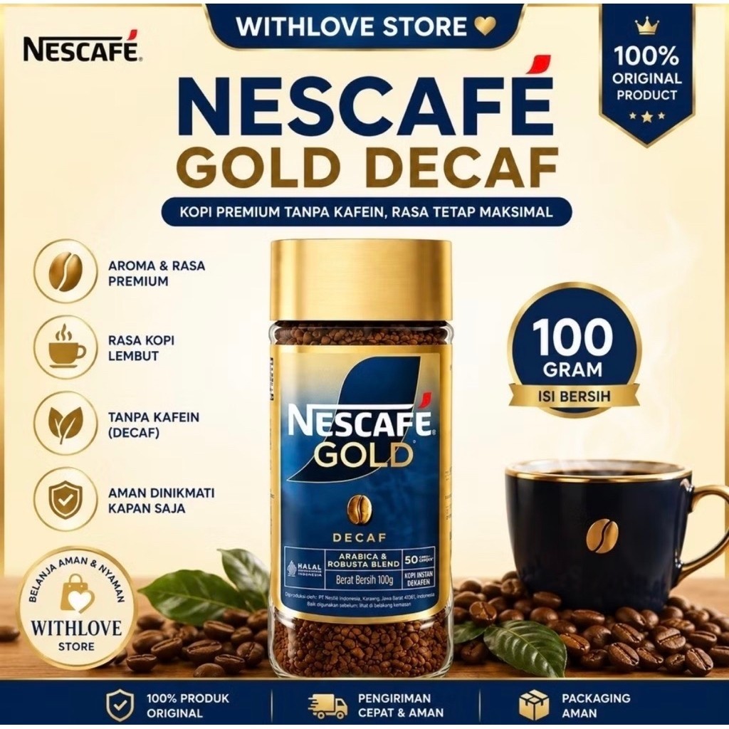 Nescafe Gold Decaf - Arabica & Robusta Blend - Nescafe Decaffeinated - Nescafe Gold Biru 100gr