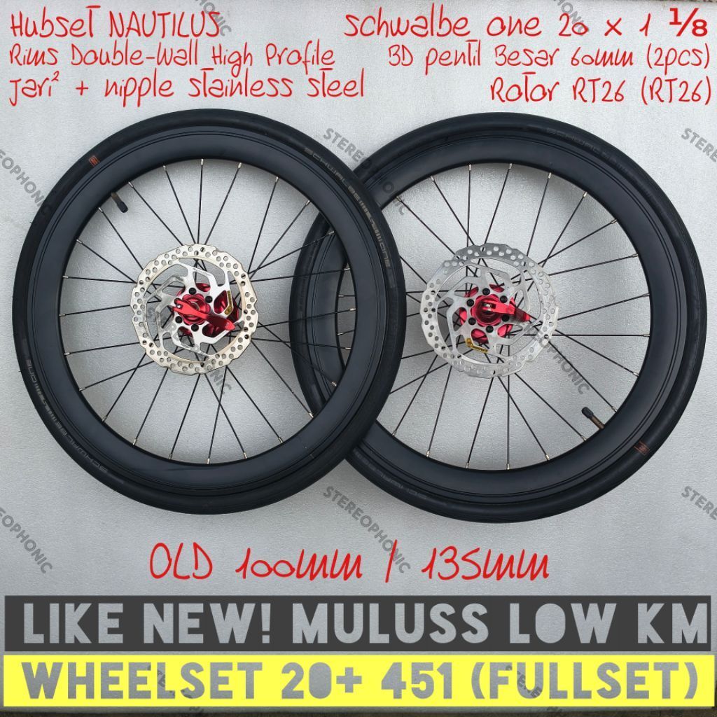 LIKE NEW Fullset Wheelset 451 20inch Plus Hubset NAUTILUS Tawon Ban Luar Schwalbe One 20 x 1 1/8 Rot