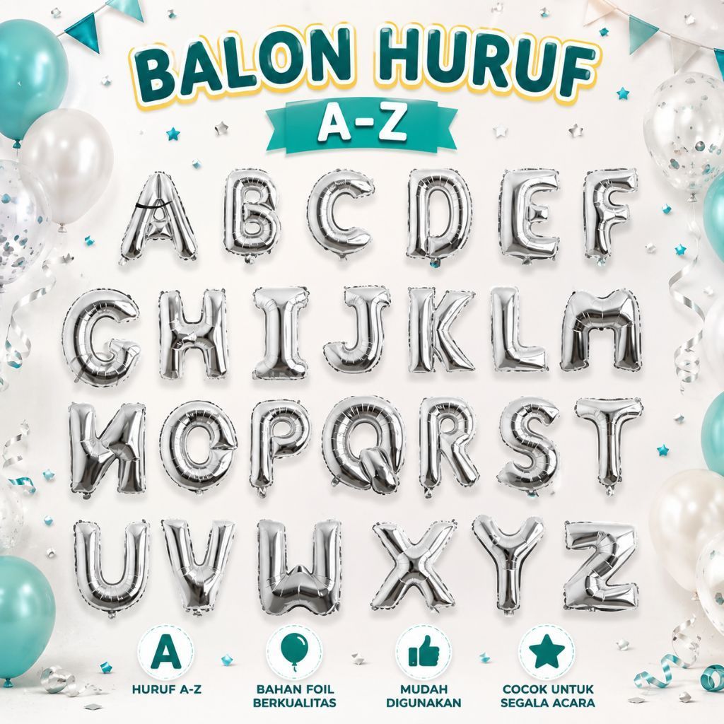 Balon Foil Huruf Silver, balon foil huruf, balon foil, balon huruf, balon pesta