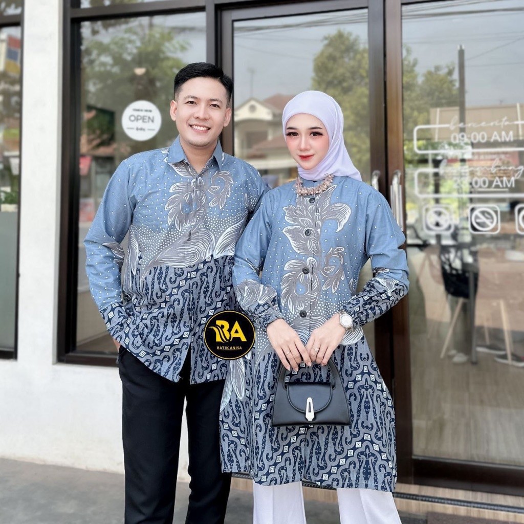 kain batik katun warna denim dan ice blue