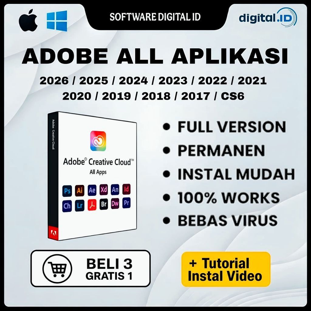 Adobe All Aplikasi ( Photoshop, Illustrator, InDesign, After Effect, Premiere Pro, Acrobat DC Pro, M