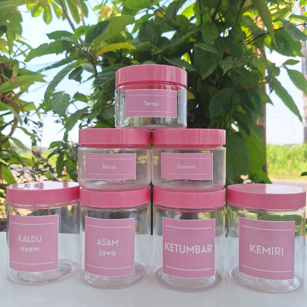 Toples Bumbu Dapur PET Warna Pink Minimalis Free Stiker Bumbu