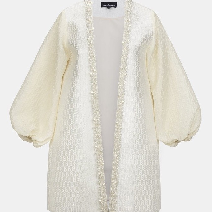 New As Is Warehouse Sale Buttonscarves Monogram Jacquard Long Outer - Ecru L/XL