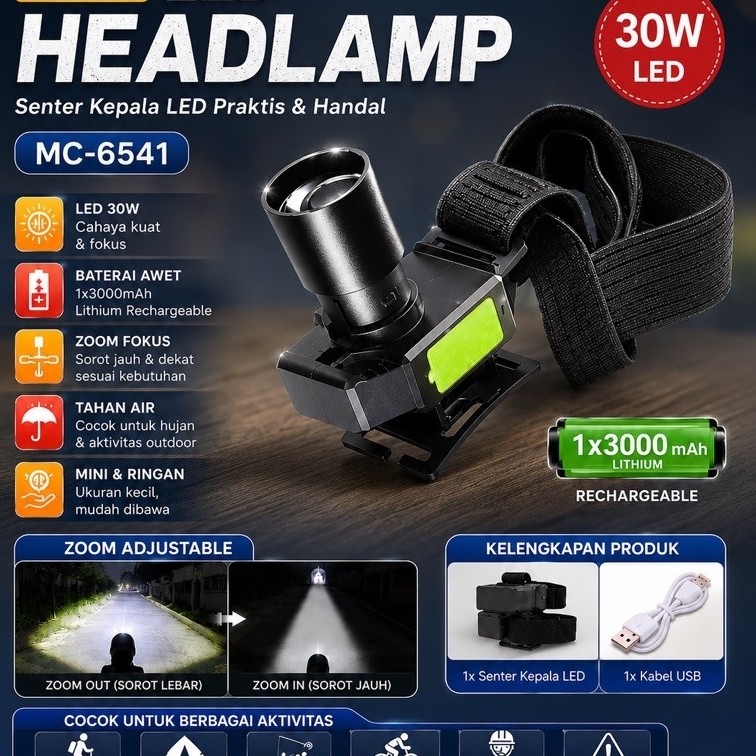 Senter Kepala LED Z MINI MIKACHI ZOOM MC-6541 30W Rechargeable 3000mAh Zoom