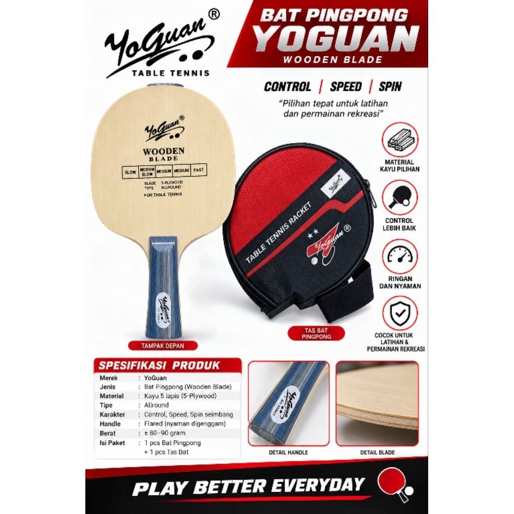 Bet Tenis Meja / Bat Pingpong Kayu Yuguan 1011
